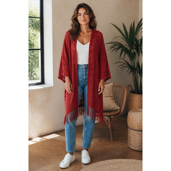 lildy Sweaters - Lildy Women Wine Red Crochet Fringe Kimono Cardigan Duster L-XL Boho Open Front